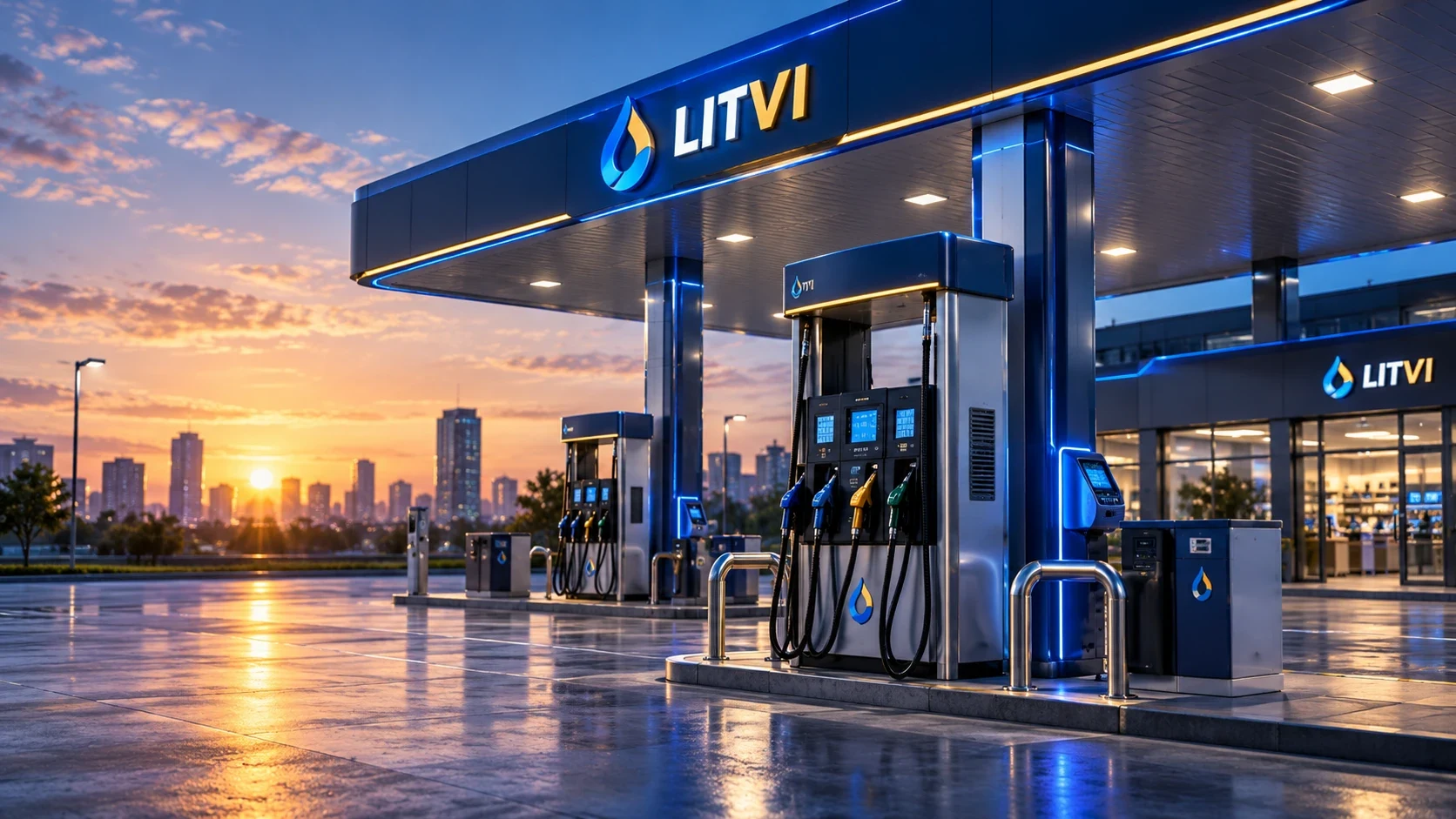 Hình minh họa cửa hàng xăng dầu LITVI lúc bình minh với cột bơm và thiết bị