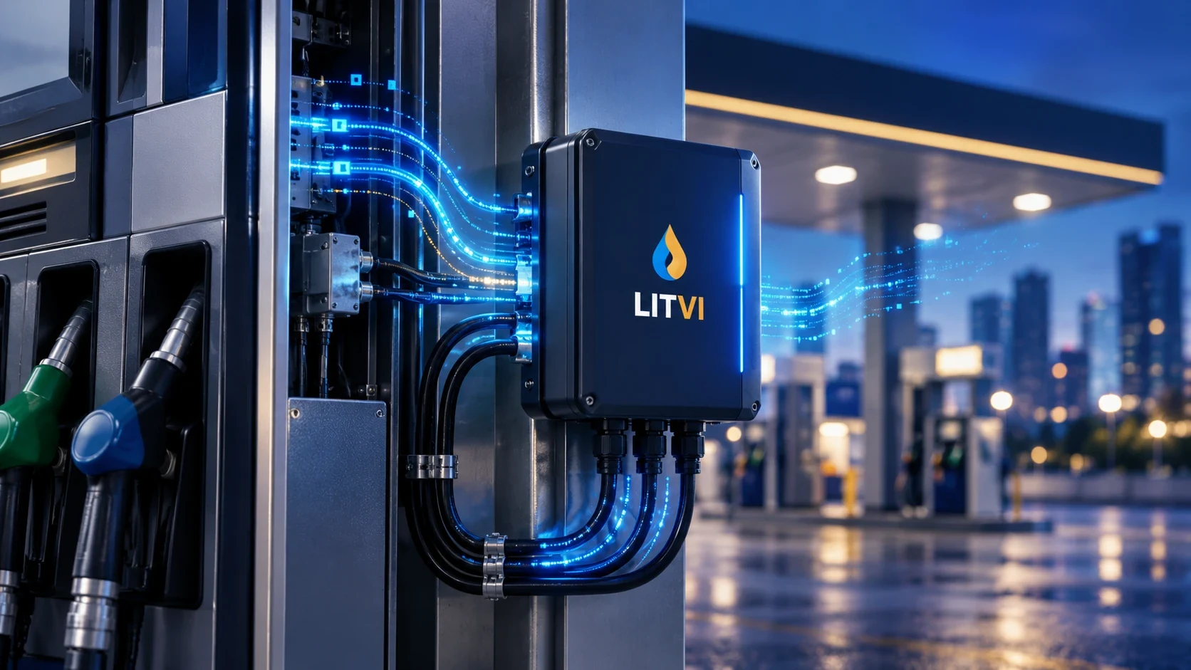 Hình minh họa thiết bị LITVI Link gắn tại cột bơm, kết nối và truyền dữ liệu