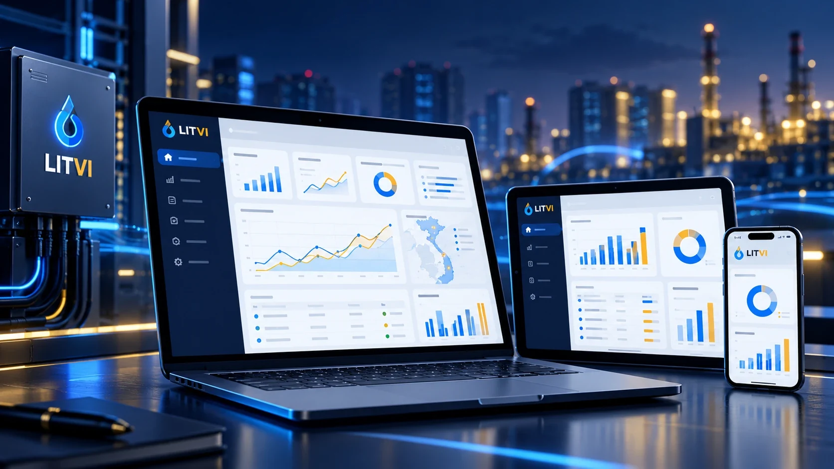 Hình minh họa giao diện LITVI ERP, Lite, Trade trên laptop, máy tính bảng và điện thoại
